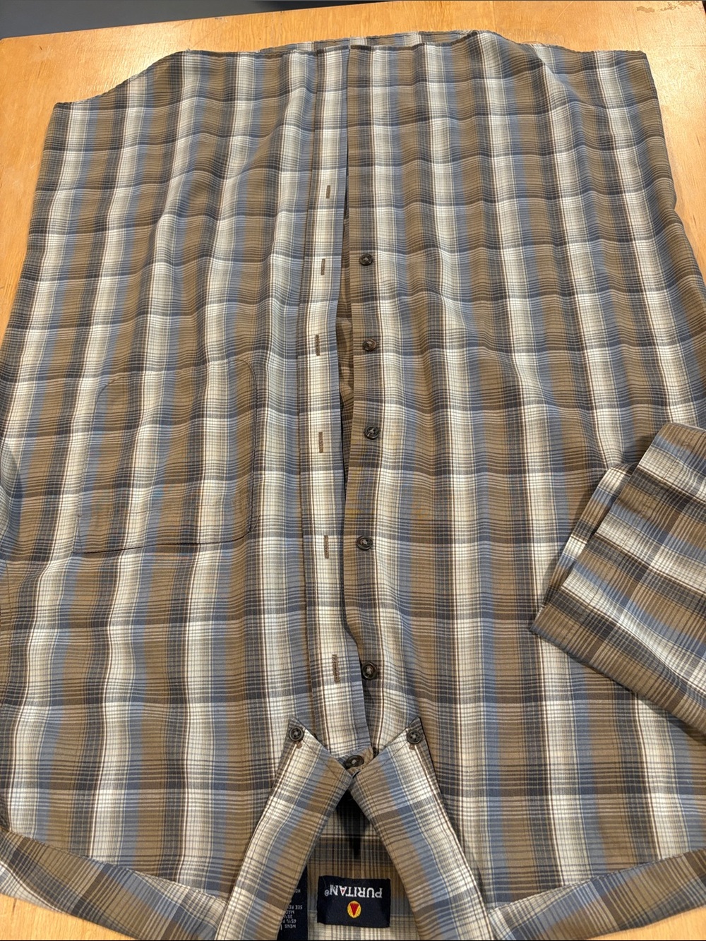 Puritan ~ Brown, Gray & Blue Plaid Men's Button-Down Shirt